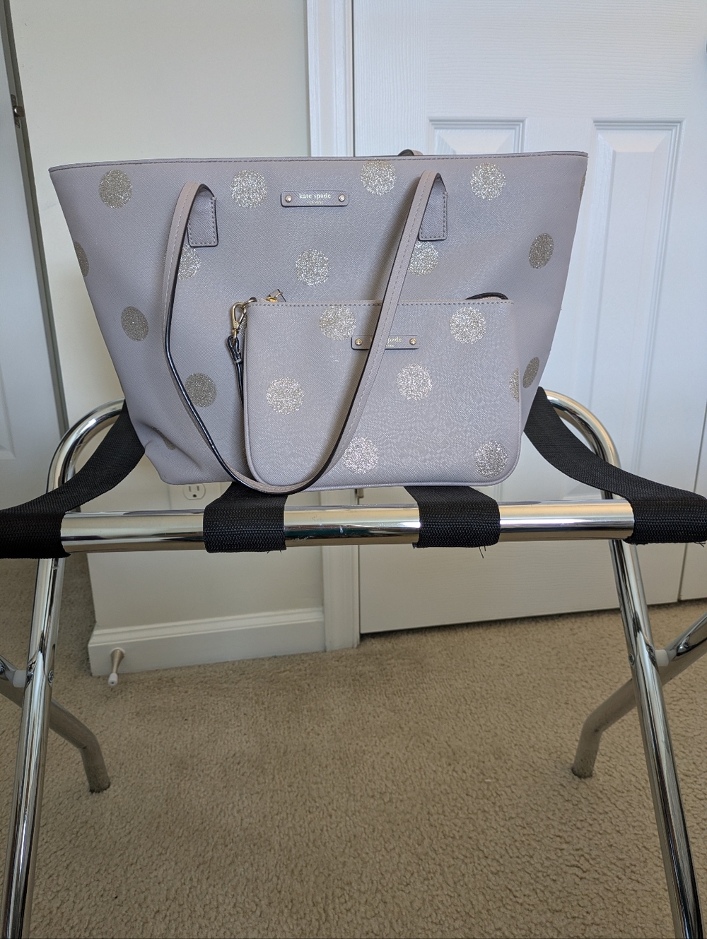 Kate Spade Lilac Silver Polka Dot Tote Bag And Makeup Bag